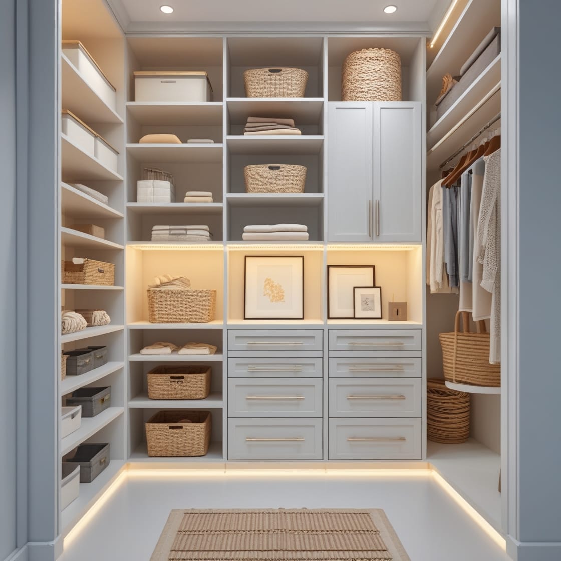 a modern closet, with lighting at the bottom