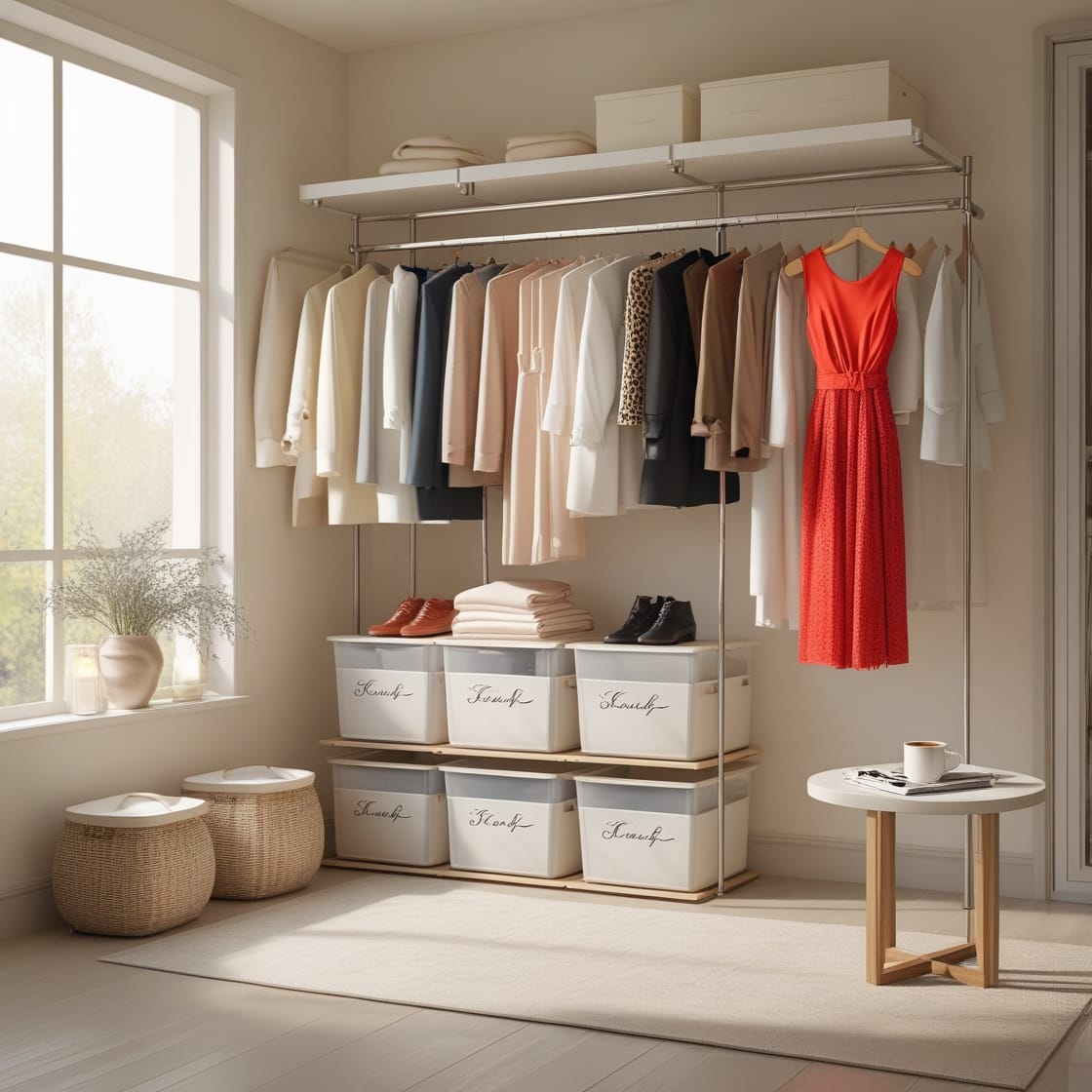 a room with a closet and a table and chairs