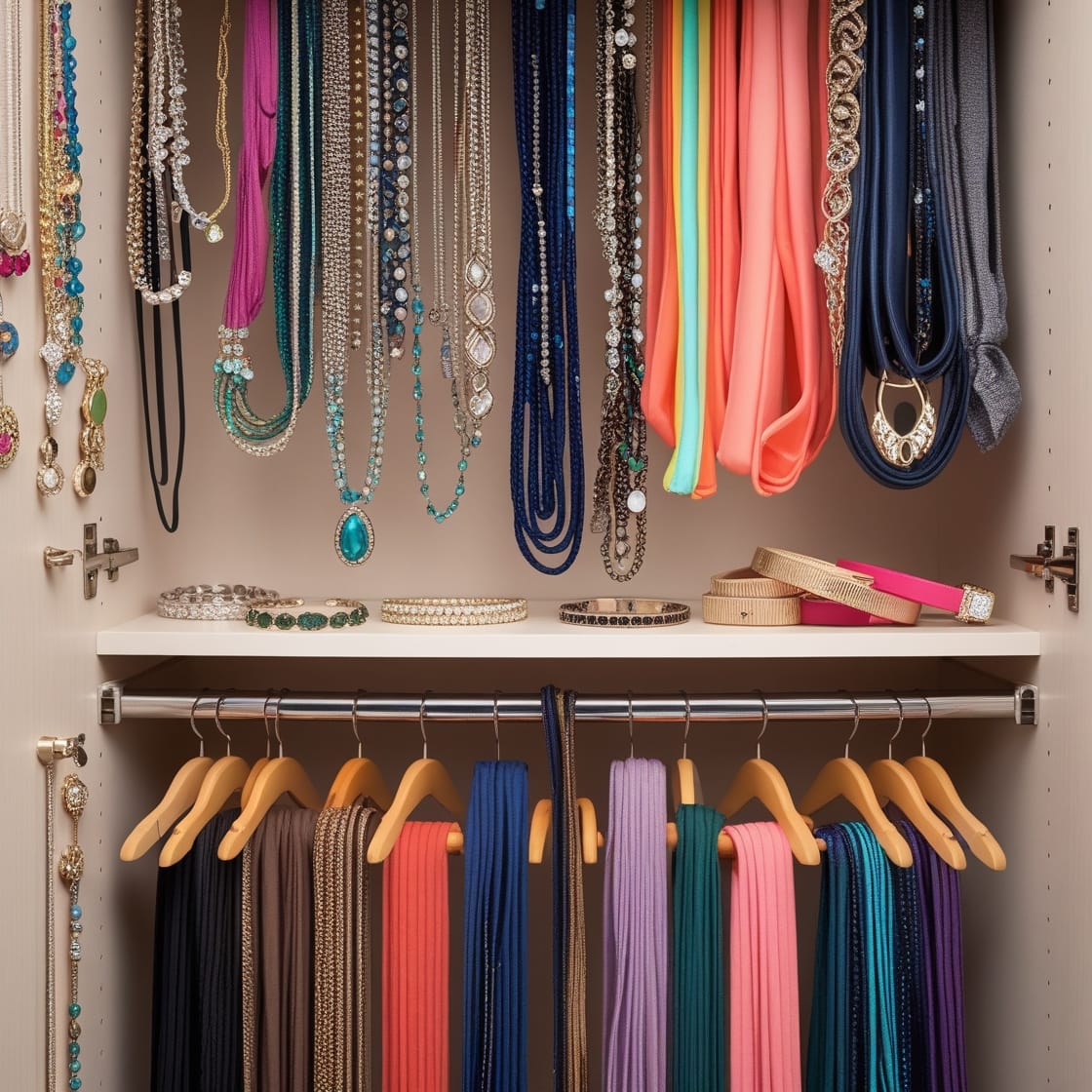 a closet with jewelry and necklaces