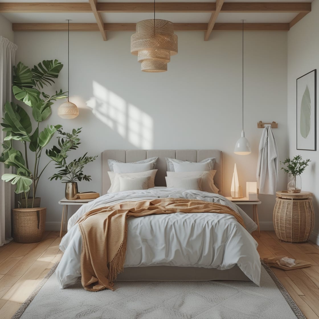 A beautiful bedroom, with a queen sized bed. There are plants and lights in the background.